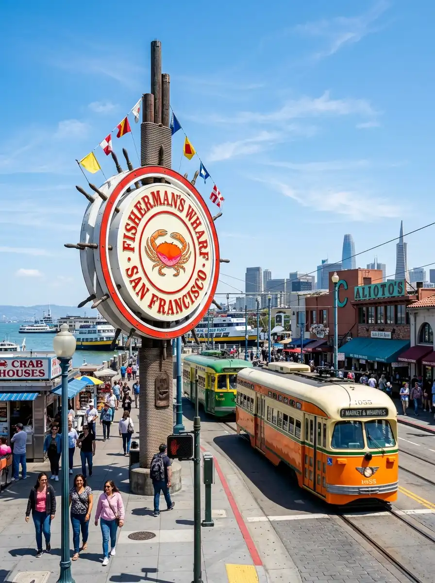 Fisherman Wharf crab wheel sign