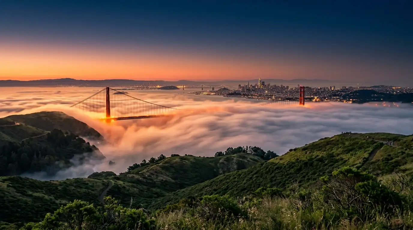 photo of thick coastal fog rolling over San Francisco's
